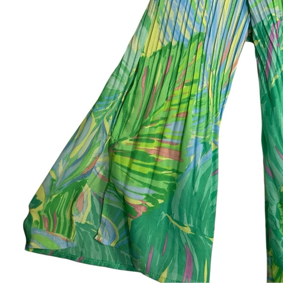 Sunny Leigh Green Palm Leaf Print Pleated Split Bell Sleeve Buttoned Blouse M - Picture 3 of 6